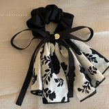 Daiiibabyyy -  Retro Printed Bow Ink Skirt Hair Band Hair Rope Women's High-Grade Gentle Elegant Hair Rope New Headwear