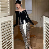 DAIIIBABYYY  -  Women Formal Skirts Elegant Silver Long Sequin Party Club Evening High Waist Skirts Female Casual Cocktail Skirts