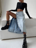 Daiiibabyyy Women's A-line Denim Skirt Side Split Button High Waist Midi Office Lady Jean Long Skirt