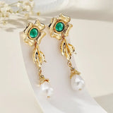 DAIIIBABYYY  -  Charm Emerald Pearl Drop Dangle Earrings for Women Temperament Gold Color Flower Stud Earrings Wedding Bride Jewelry Accessories