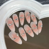 Daiiibabyyy 10pcs Detachable Almond Handmade False Nails With Diamond Bow Long Ballet Wearable Artificial Fake Nail with Glue Press On Nails