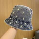 Daiiibabyyy Spring Denim Cartoon Flower Embroidery Bucket Hat Fisherman Hat Outdoor Travel Sun Cap For Girl And Women