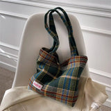 Daiiibabyyy Retro niche bag woven wool plaid single shoulder large capacity plaid canvas bag Korean version new bag aesthetic urban