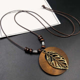 Daiiibabyyy Leaf Pendant Necklaces Vintage Wooden Bohemia Jewelry Sweater Chain Long Neck Chain Ethnic Creative Alloy Hollow Wedding Jewelry