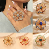 Daiiibabyyy 1PC Luxury Big Flower Zircon Rings Women Indian Jewelry Classic Hollow Gold Color Adjustable Ring Female Girls Gifts