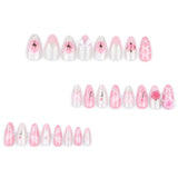 DAIIIBABYYYY  -  24pcs Korean Cute Fake Nails with Sweet Pink 3D Flowers Bowknot Design Almond False Nail Patch Wearable Press on Nails for Girls