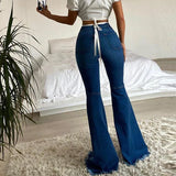 Daiiibabyyy Spring Summer Flare Pants for Woman Ripped Raw Edge Flared Women's Jeans Butt-lifting High Waisted Denim Trousers