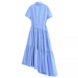 Daiiibabyyy   -  2024 Spring New Women's Fashion Polo Neck Short Sleeve Asymmetric Splicing Hem with Belt Shirt Style Dress