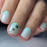 Daiiibabyyy 24Pcs Gradient Green False Nails Short Round Head Fake Nail with Leaf Design Summer Press on Nails Wearable Full Cover Nail Tips