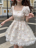 Daiiibabyyy French Vintage Lace Lolita Short Dresses for Women Floral Puff Sleeve Mesh Ruffles A-line Korean Fashion One Piece Vestido New