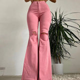 Daiiibabyyy Spring Summer Flare Pants for Woman Ripped Raw Edge Flared Women's Jeans Butt-lifting High Waisted Denim Trousers