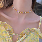 Daiiibabyyy -  Bohemia Contrast Color Beaded Flowers Choker Necklace for Women Irregular Freshwater Pearl Pendant Necklaces Jewellery