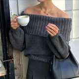 DAIIIBABYYY  -  Women Fashion High Street Slim Sweater Simple Solid Color Slim Warm Sweater Autumn Winter Off Shoulder Long Sleeved Knitted Top