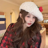 Daiiibabyyy Korean Cherry Lamb Wool Warm Beret Hat Women Big Head Bud Painter Hat Japanese Woolen Painter Hat