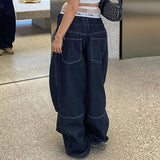 DAIIIBABYYY  - Harajuku Street Fashion Women Baggy Jeans Fold Detail Y2K Oversized Denim Pants Hip Hop Loose Sweatpants  Dark Blue