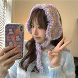 DAIIIBABYY  -  Y2K Gradual Change Color Knitted Earmuffs for Women Autumn and Winter Korean Retro Plush Warm Versatile Cute Strap Beanies