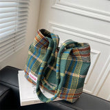 Daiiibabyyy Retro niche bag woven wool plaid single shoulder large capacity plaid canvas bag Korean version new bag aesthetic urban