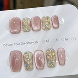 Daiiibabyyy 10PCS Jasmine tea white cat eyes pink handmade acrylic press on nails short square false nails with glue fake nails with diamond