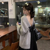 DAIIIBABYYY  -  Korean Backless Bow Female Autumn and Winter Slouchy Round Neck Long Sleeve Sweater Top Oversized Sweater