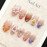 DAIIIBABYYY  -  10pcs Handmade Press on Nails Short Oval Head False Nail Patches with 3D Flowers Full Cover Wearable Ins Japanese Fake Nail Tips