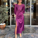 Daiiibabyyy Fashion Banquet Stain Split Long Dress Elegant Solid Round Neck Folds Party Dress Elegant Long Sleeve Women Slim Long Dress