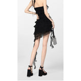 DAIIIBABYYY  -  Summer Women's Suspender Dress Sleeveless Holiday Romantic Sexy Style Korean Fashion Irregular Black Chiffon Short Skirt Dress