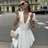 DAIIIBABYYY  -  Summer Women Hollow Out Embroidery Slim White Mini Dress Vintage Puff Sleeve V Neck Low Waist Female Casual Party Dress