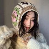 DAIIIBABYYY  -  Handmade Crochet Balaclava Hats for Women Autumn and Winter Korean Warm Niche Neck Protection Knitted Pullover Beanies Caps Men