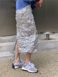 DAIIIBABYYY  -  Metallic Long Silver Skirt For Women Summer Texture Ruched High Fashion A Line Glitter Slit Midi Skirt Designer Clothes