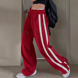 DAIIIBABYYY  -  American Contrasting Vintage Drawstring Sweatpants Fashion Straps Straight Wide Leg Pants Baggy Mopping Trouser Ladies Summer