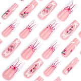 DAIIIBABYYY  -  Sweet Pink French White Edge Wearing False Nail Long Coffin Fake Nail Strawberry Bow Pattern Korean Cute Style Press on Nails