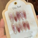 Daiiibabyyy 10pc Press on Acrylic Nails Almond Gradient Pink False Nails with Glue Stick on Nails with Designs Rhinestone Handmade Fake Nail