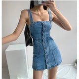 DAIIIBABYYY  -  Women Denim Dress Summer New Sexy Straps Skinny Short Skirt Blue Korean Fashion Classic Streetwear One Word Collar Jean Dress