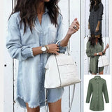 Daiiibabyyy Vintage Women Denim Shirt Dress Casual Long Sleeve Ladies Tops Blouse Femme Mini Dress Blue Jean Blouses