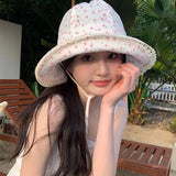 Daiiibabyyy Japanese Sweet Floral Strap Bucket Hats for Women Spring and Summer Travel Sunscreen Casual Versatile Show Face Small Sun Cap