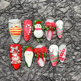 DAIIIBABYYY  -  10pcs Handmade Press on Nails Cute Christmas Almond False Nails for Girls Wearable Santa Claus Bow Xmas Bell Decor Fake Nails