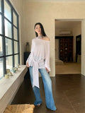 DAIIIBABYYY  -  Off The Shoulder White Long Sleeve Tees Bandage Oversized T Shirt Women Rayon Casual Tops Autumn Fall Clothes 2024