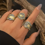 DAIIIBABYYY  -  3Pcs Vintage Metal Carved Pattern Ring Punk Aesthetic Opening Adjustable Wide Edge Ring Women's Fashion Jewelry Gift