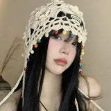 DAIIIBABYYY  - Sweet Crochet Flower Hollow Tassels Knitted Hat Hollow Out Bohemian Style Knit Cap Handmade Korean Ethnic Style Hat Girls