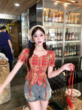 DAIIIBABYYY  -  Sweet Hot Girl Plaid Short-sleeved T-shirt for Women's Spring/summer Square Collar Lace-up Slim Fit Top Fashion Female Clothes