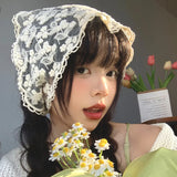 DAIIIBABYYY  -  French Solid Color Lace Headscarf Spring and Summer Travel Versatile Sweet Cute Pastoral Style Triangular Hair Scarf for Women