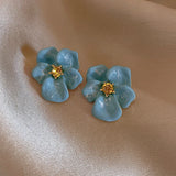 DAIIIBABYYY  -  Korea Sweet Blue Oil Dripping Flower Stud Earrings for Women Vintage Crystal Enamel Temperament Earrings Wedding Jewelry Gifts