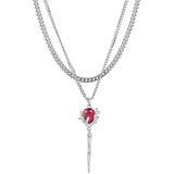 Daiiibabyyy Double Layer Red Zircon Rose Pendant Necklaces Y2K Layered Flower Stone Chain Necklace Irregular Floral Aesthetic Jewelry Gifts