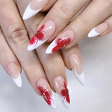 DAIIIBABYYY  -  24Pcs French Print Red Maple Leaf Fake Nails Press on Almond Long Full Cover Nail Tips Wearable Finished Fingernails Nail Art