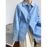 Daiiibabyyy   -  Spring Pocket Casual Solid Shirts Turn Down Collar Single Breasted Long Sleeve Loose Oversize Basic Blouse Tops