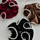 DAIIIBABYYY  - French Vintage Pearl Velvet Scrunchies Hair Tie Large Intestine Hairband Simple Elastic Hair Band Headwear Hair Accessories