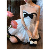 DAIIIBABYYY  -  White Dress Womens Dress Sleeveless High End Exquisite Wave Point Skirt Fashion Patched Lace Bow Top Princess Fluffy Skirt Dress