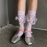 Daiiibabyyy -  Sweet Flower Women Medium Tube Socks Japanese JK Leg Socks Y2K Rose Lace Flower Socks Thin Mesh Stockings Party Accessories