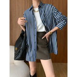 Daiiibabyyy   -  Autumn Contrast Stripe Pocket Shirts Women Turn Down Collar Loose Long Sleeve Oversized Tops