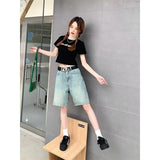 DAIIIBABYYY  -  Blue Women's Shorts Jeans High Waist Straight Pants TIKTOK Streetwear Y2K 90s Vintage Female Wide Leg Denim Five Points Trouser